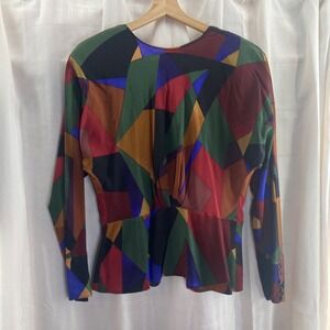 Ellen Tracy‎ 100% Silk Geometric Print Long Sleeve Peplum Blouse